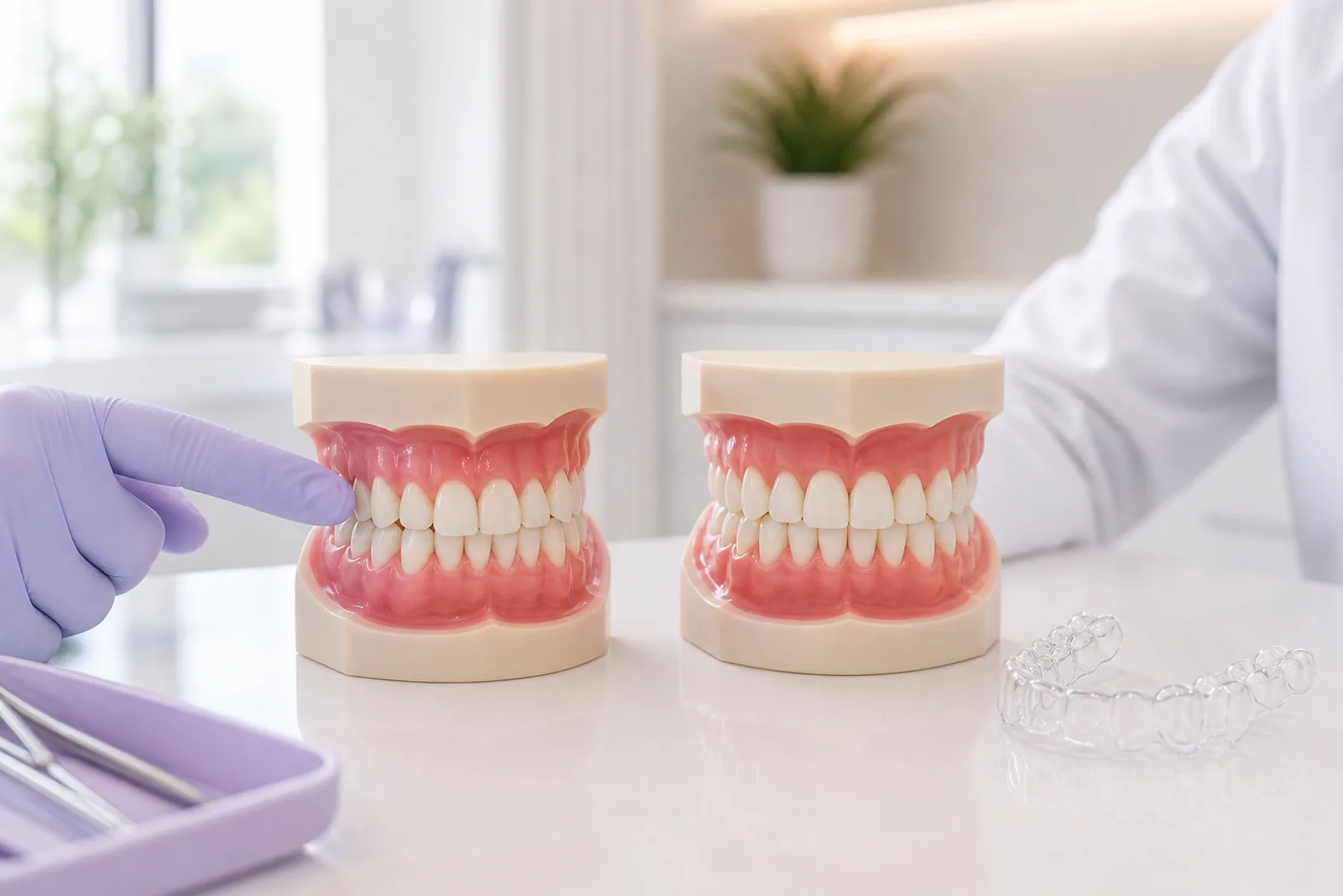 Dental model demonstrating crossbite correction with a clear aligner