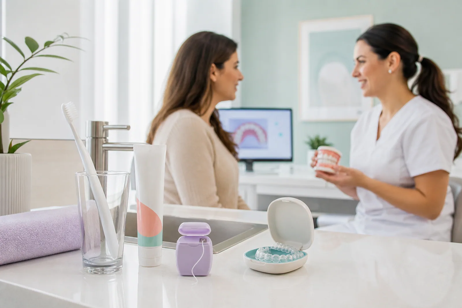 Oral-care tools and clear aligners in a clinic while a dental professional discusses gum care