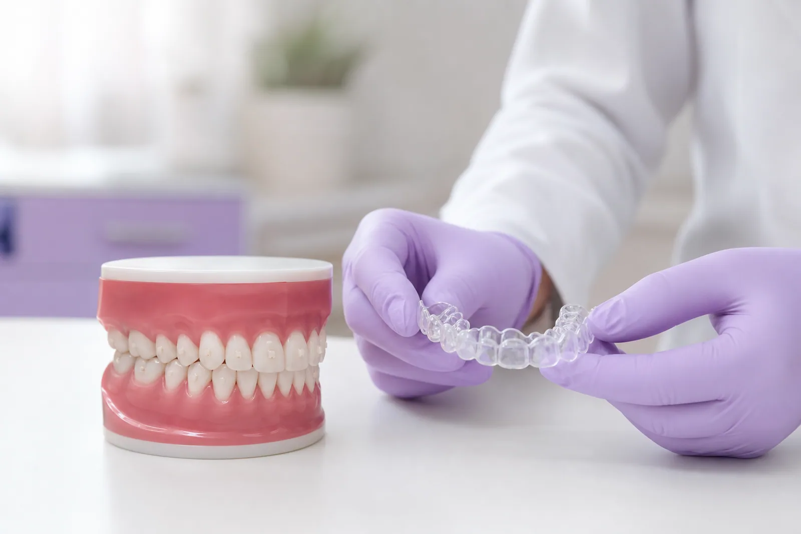 Dental model with tooth-colored attachments beside a transparent clear aligner