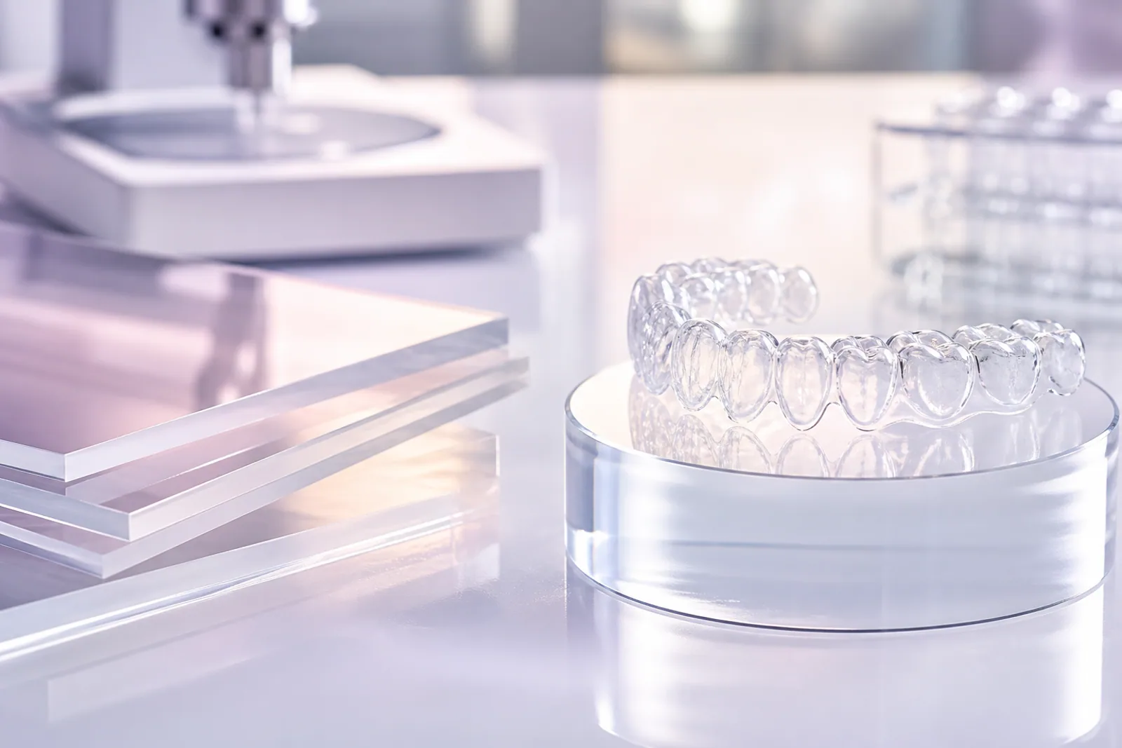 Clean transparent dental aligner displayed with layered medical-grade polymer material samples