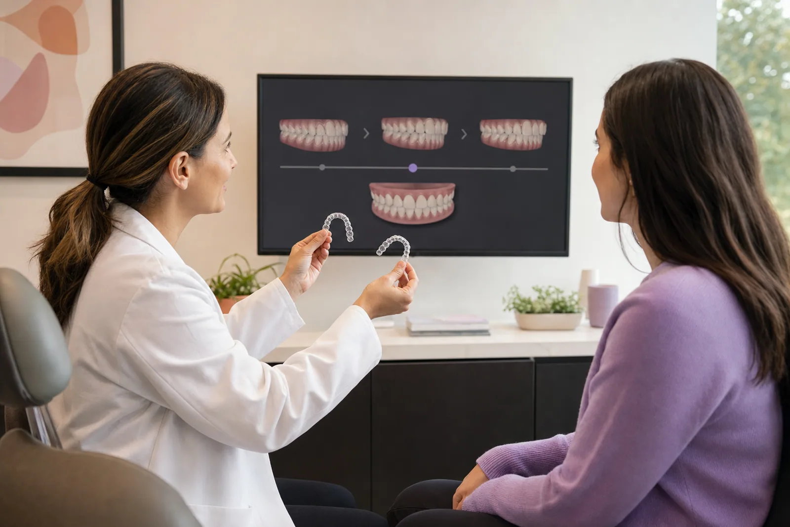 Dentist and patient comparing first-series aligners with a revised digital treatment preview