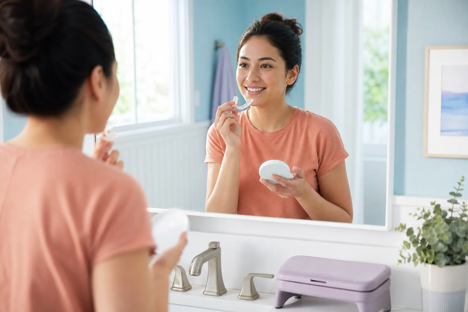 Person checking the fit of a clear aligner in a bright bathroom mirror