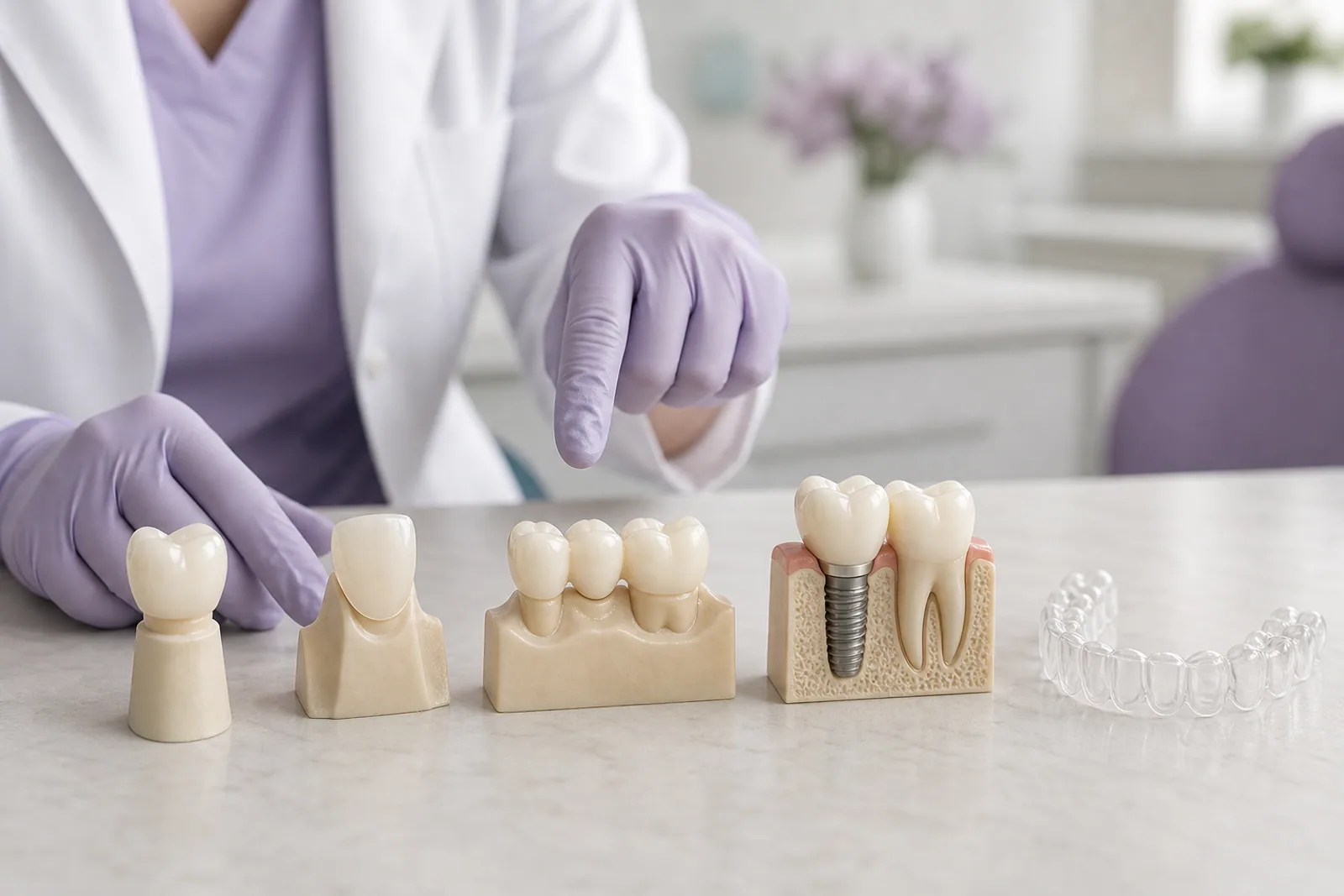Dental models showing a crown, veneer, bridge, implant, and transparent aligner