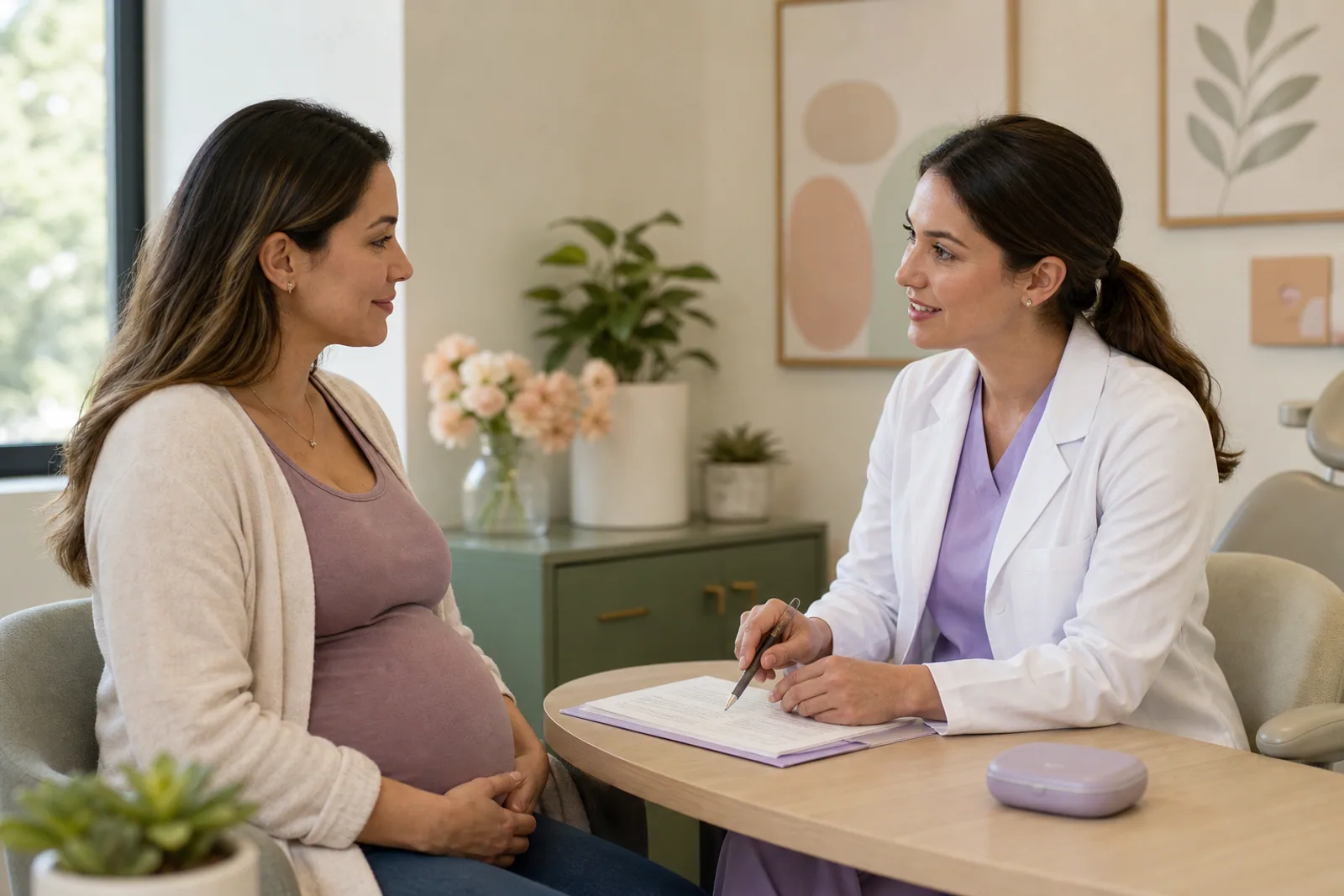 Pregnant patient discussing a clear aligner plan with a dental professional