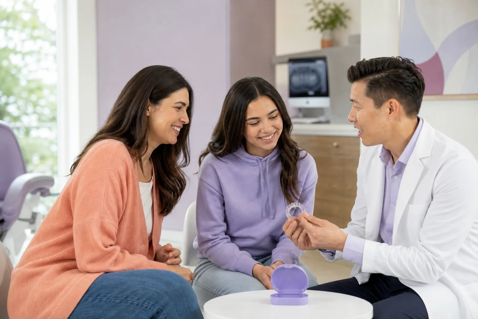 Teenager and parent discussing clear aligners with a dental professional