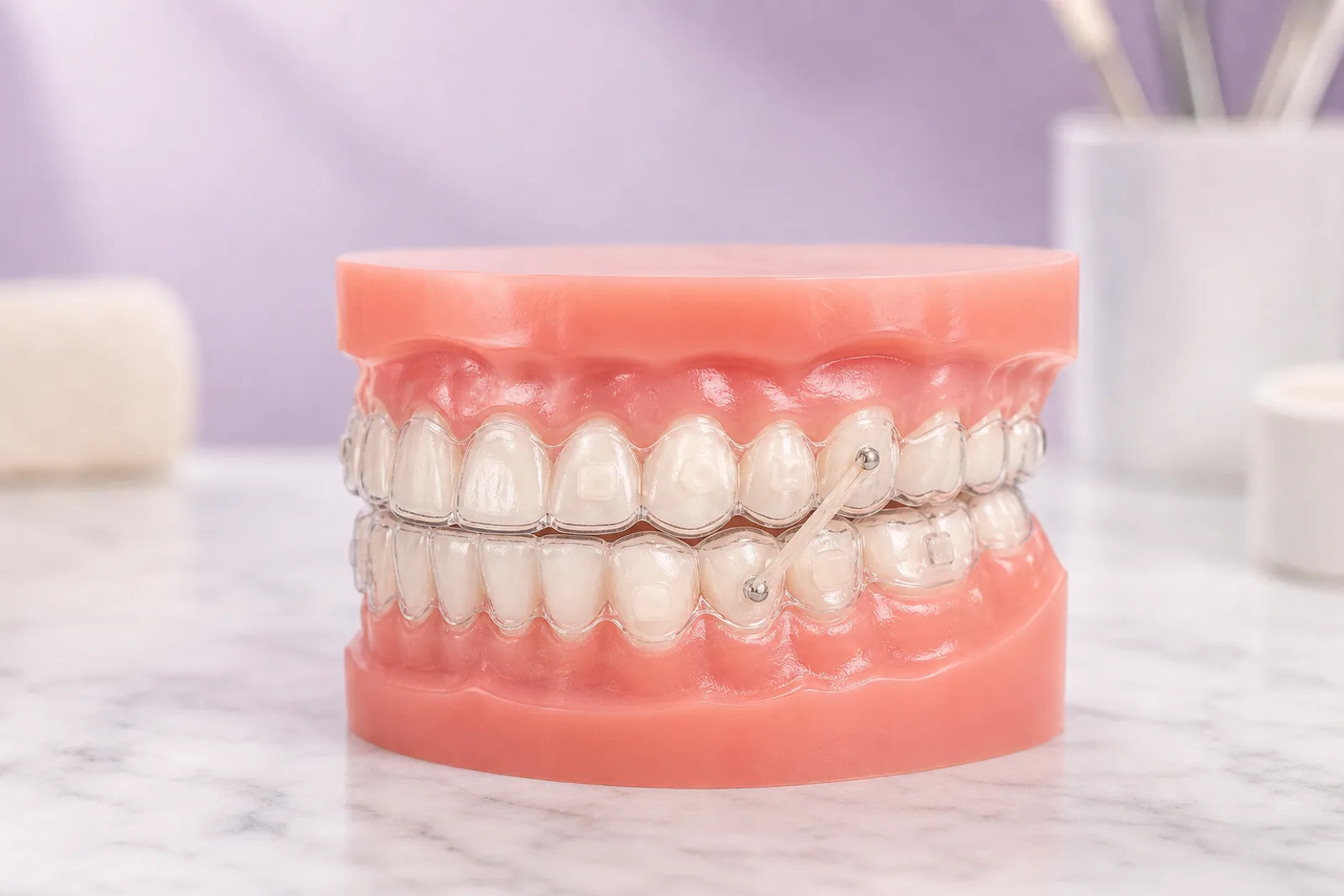 Dental model wearing clear aligners with a small orthodontic elastic