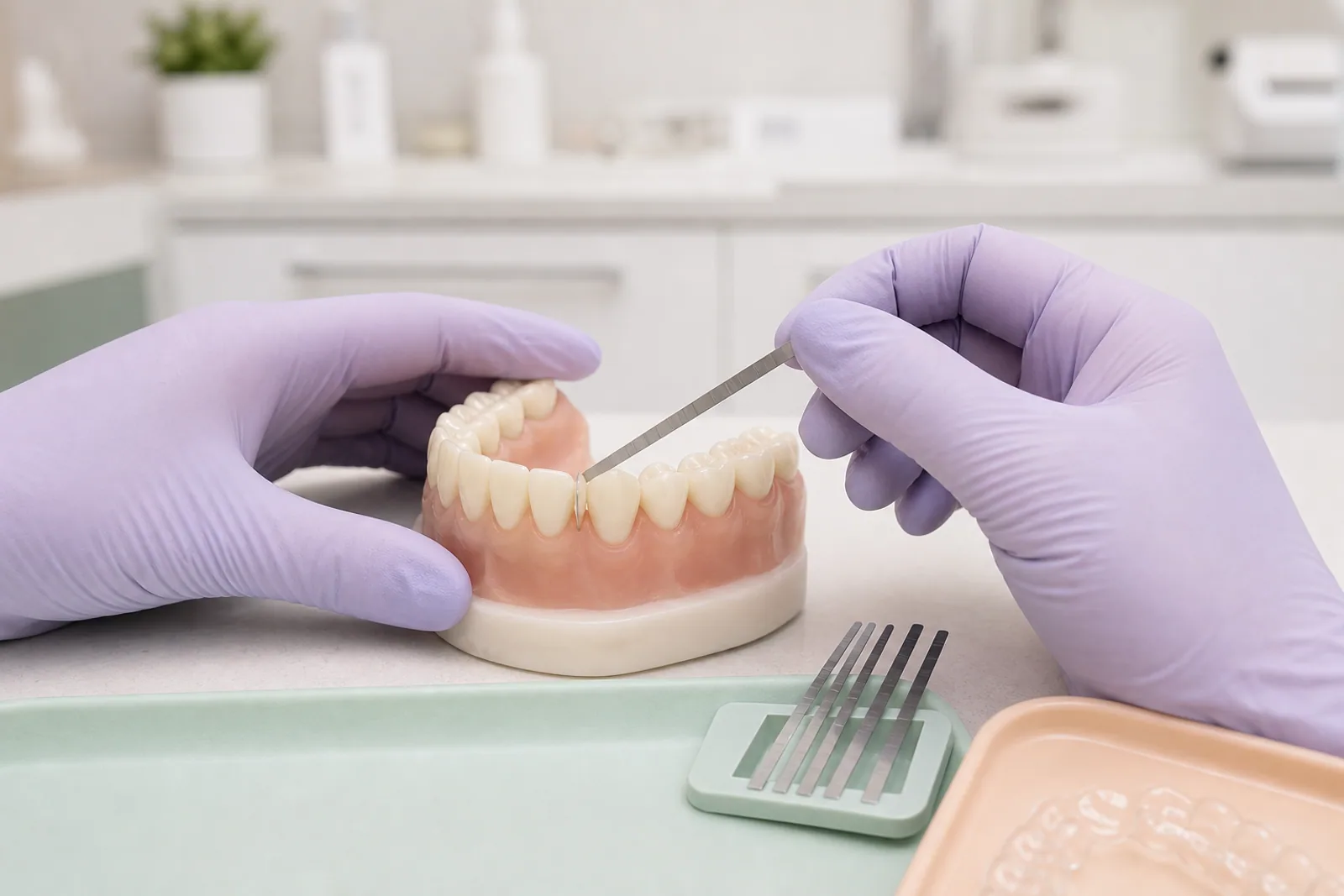 Dental professional demonstrating measured interproximal reduction on a tooth model