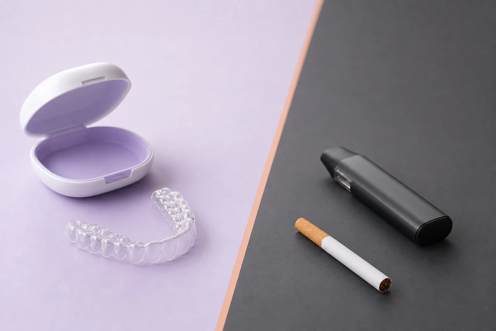 Clear dental aligner beside a no-smoking and no-vaping reminder