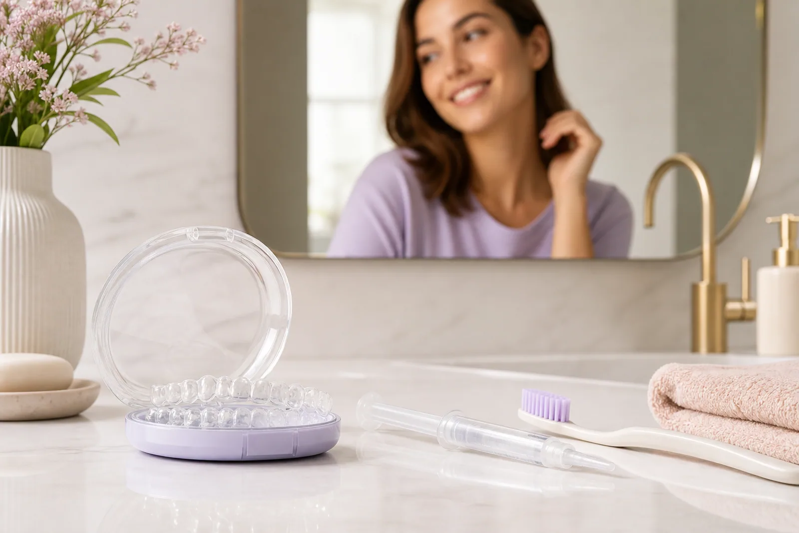 Clear aligner case, unbranded whitening gel, and toothbrush on a clean bathroom vanity