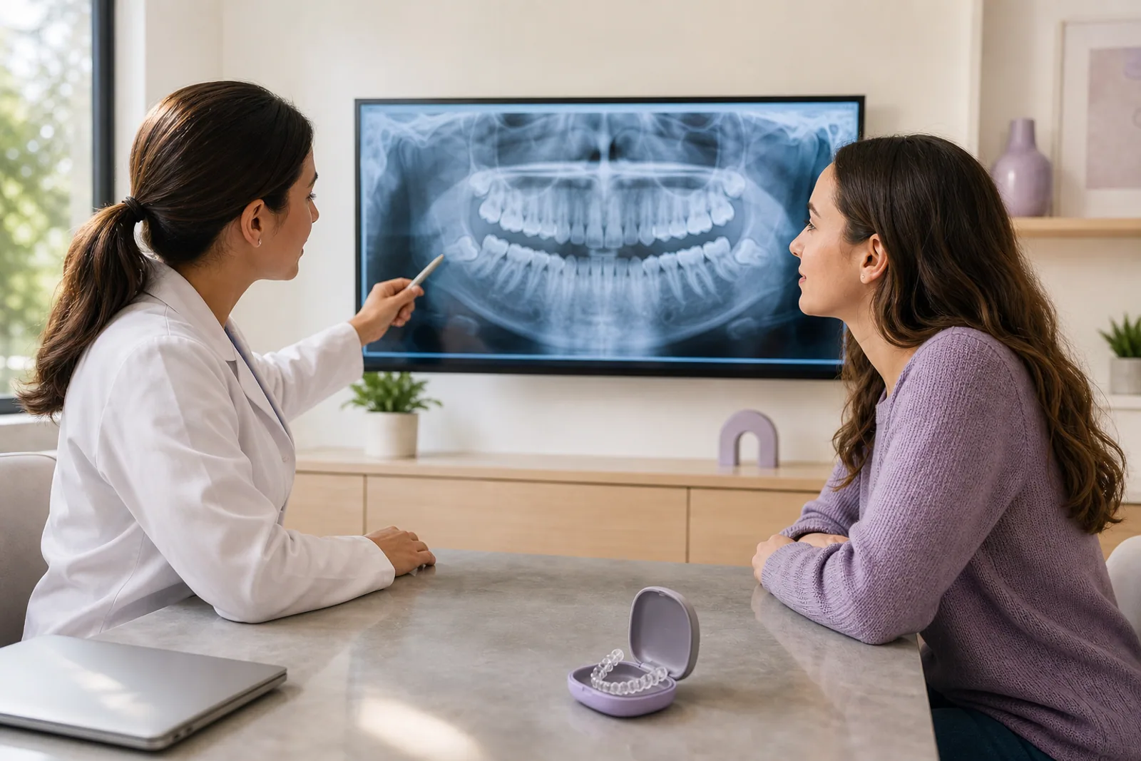 Dentist and patient reviewing a panoramic image while a clear aligner case rests on the desk