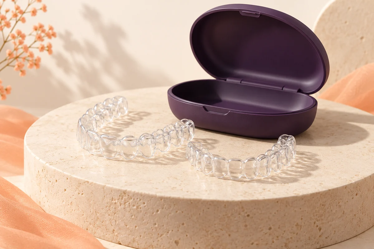 Conceptual 3D illustration of clear aligner trays beside a plum case