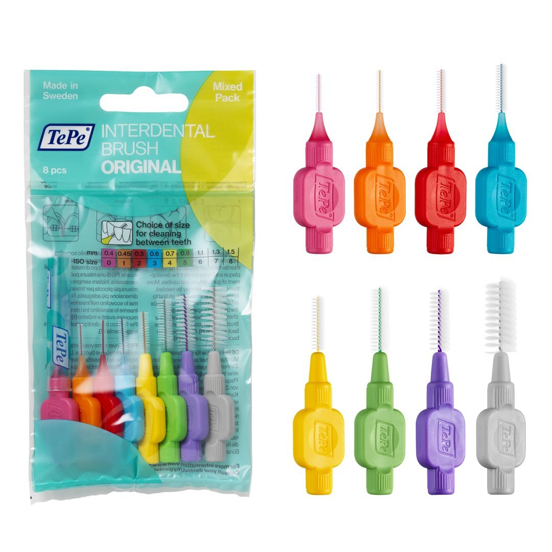 TePe Original mixed pack with eight color-coded interdental brushes.