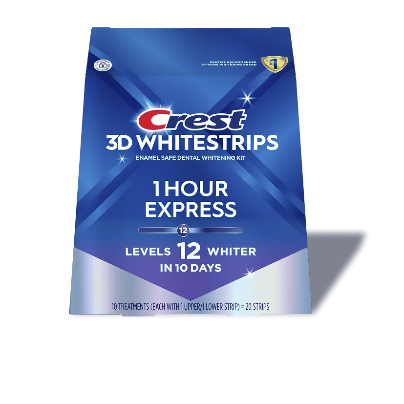 Blue retail box of Crest 3DWhitestrips 1 Hour Express whitening strips.