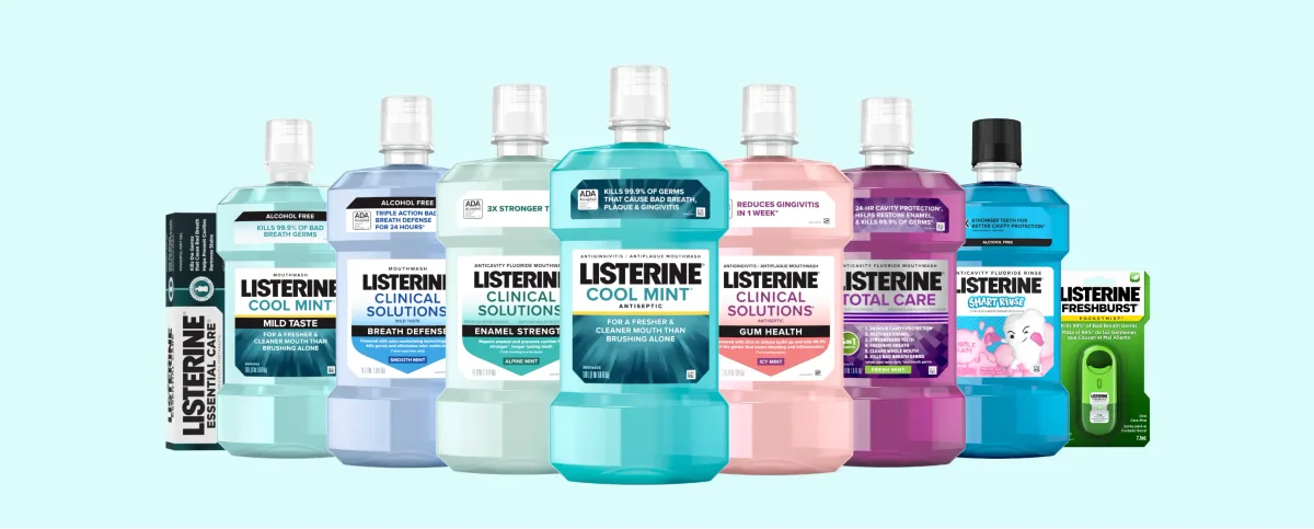 A lineup of Listerine mouthwashes, including Cool Mint, Clinical Solutions and Total Care, with breath-care products.
