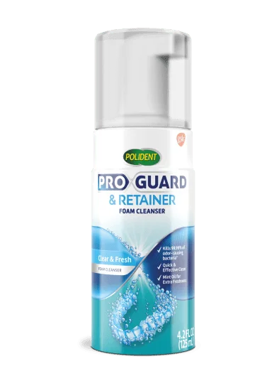 Polident ProGuard and Retainer Foam Cleanser pump bottle with a blue-and-white label and clear cap.