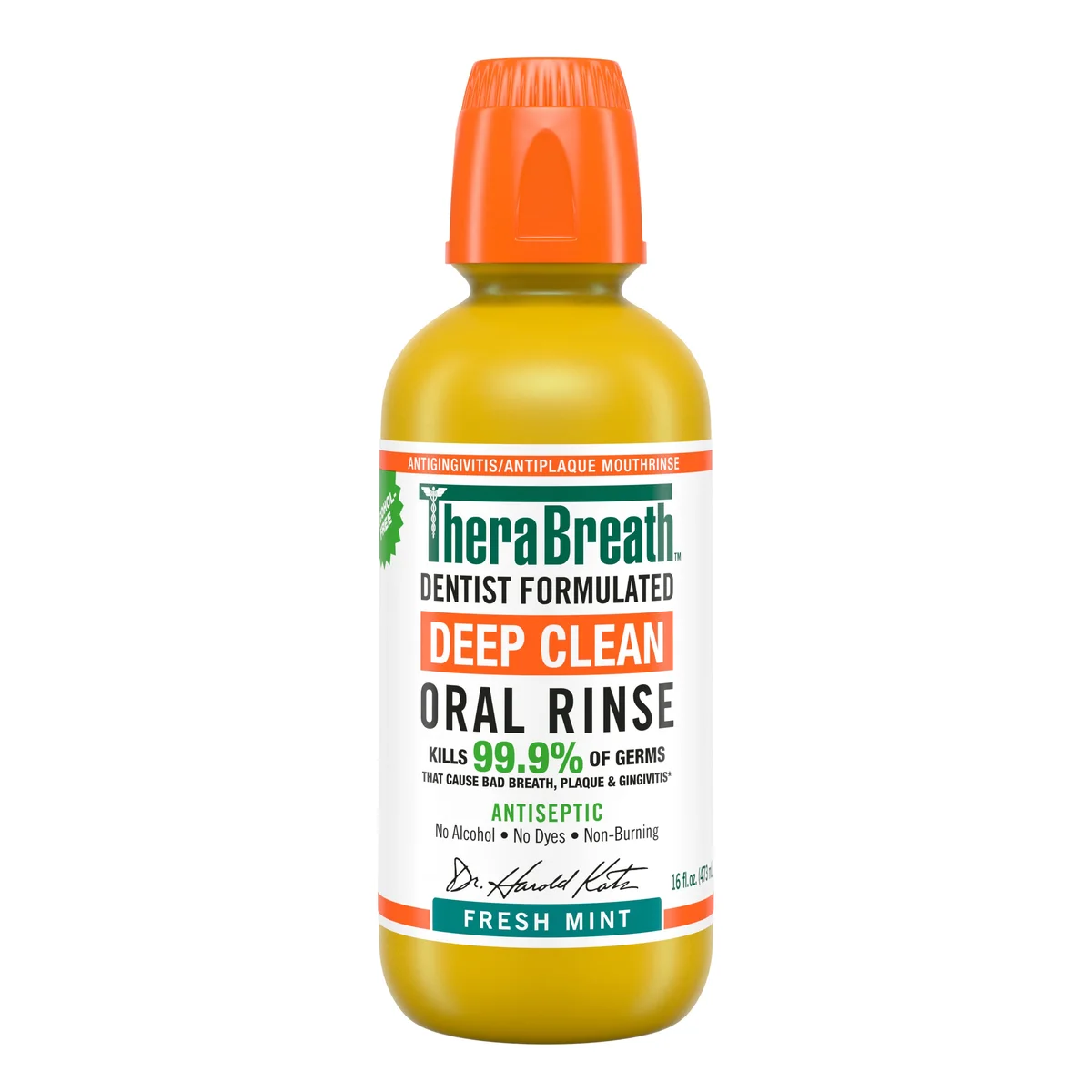 A yellow TheraBreath Deep Clean Fresh Mint oral rinse bottle with an orange cap.