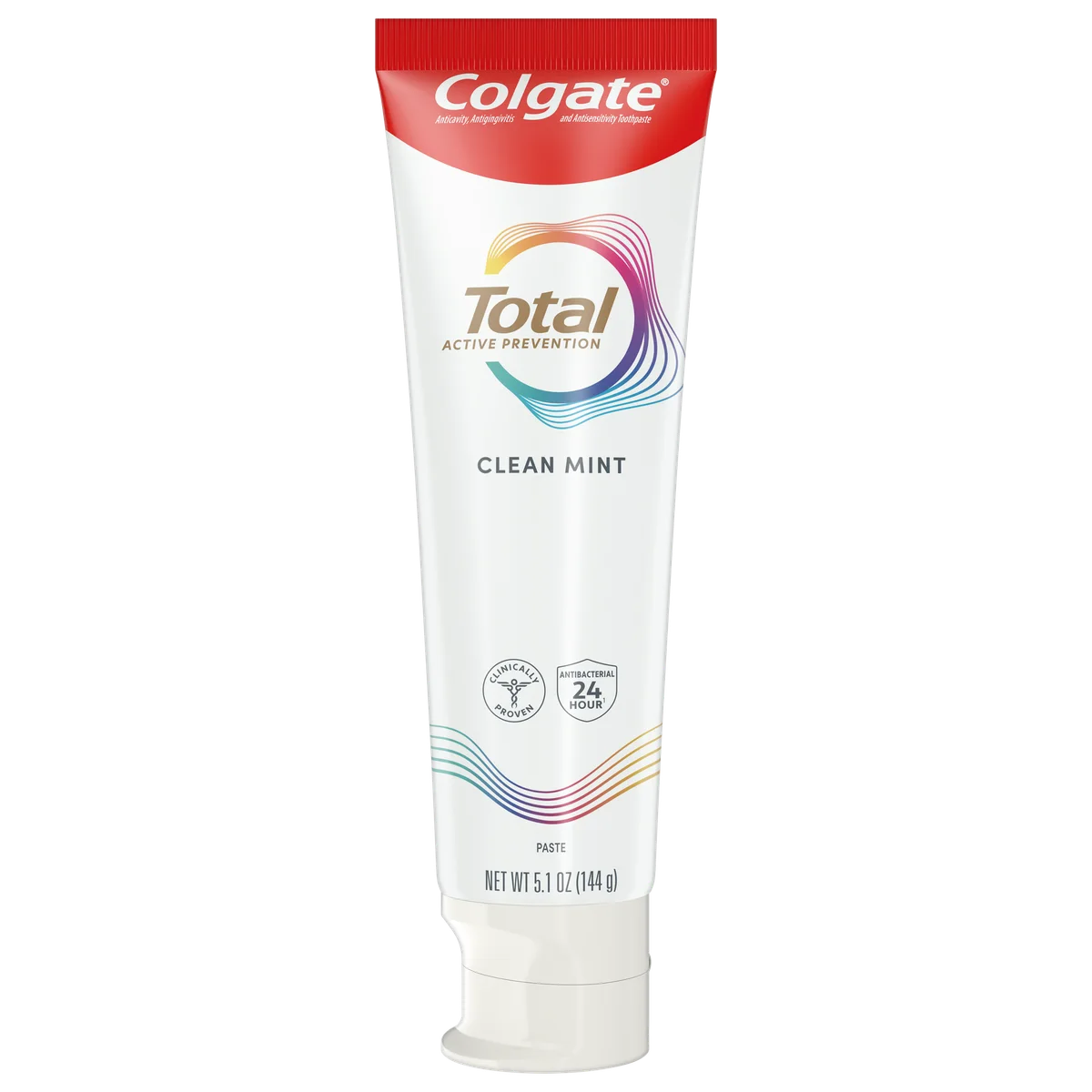 A tube of Colgate Total Active Prevention Clean Mint toothpaste with red and white packaging and a white flip-top cap.