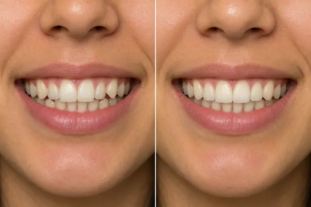Illustrative before and after simulation of front-tooth crowding