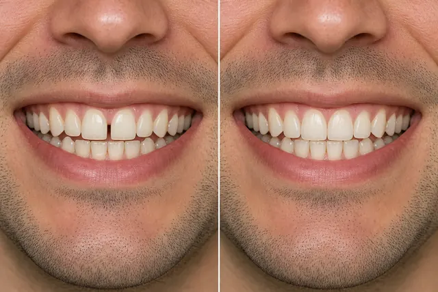 Illustrative before and after simulation of space between the front teeth