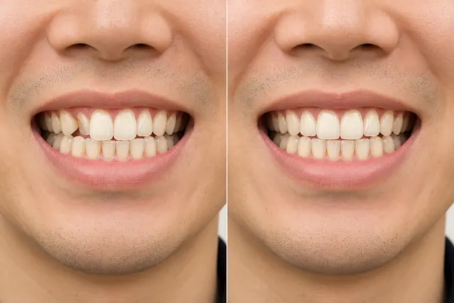 Illustrative before and after simulation of a rotated front tooth
