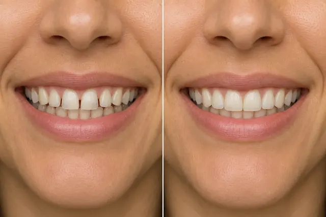 Illustrative before and after simulation of several small spaces between teeth