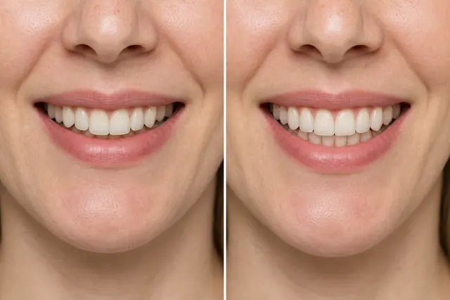 Illustrative before and after simulation of a deep overbite