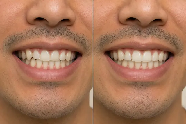 Illustrative before and after simulation of a mild front-tooth crossbite