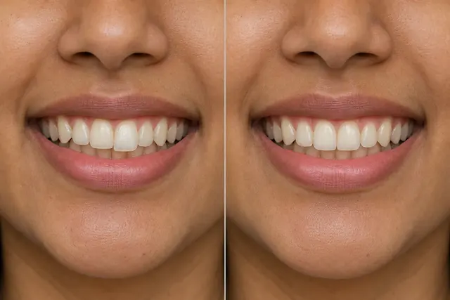 Illustrative before and after simulation of dental midline asymmetry