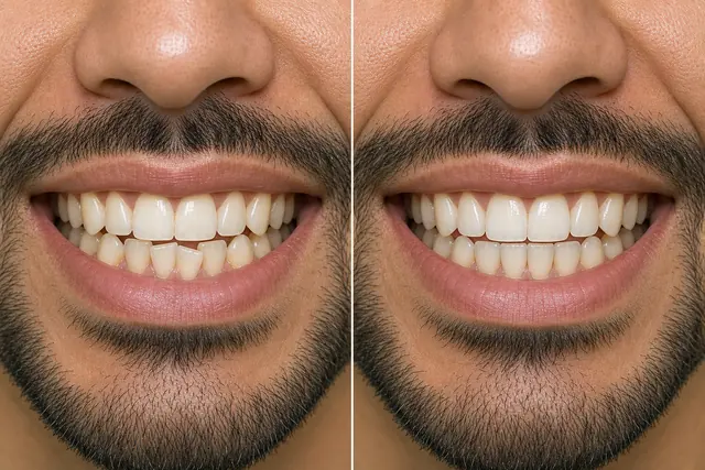 Illustrative before and after simulation of lower front-tooth crowding